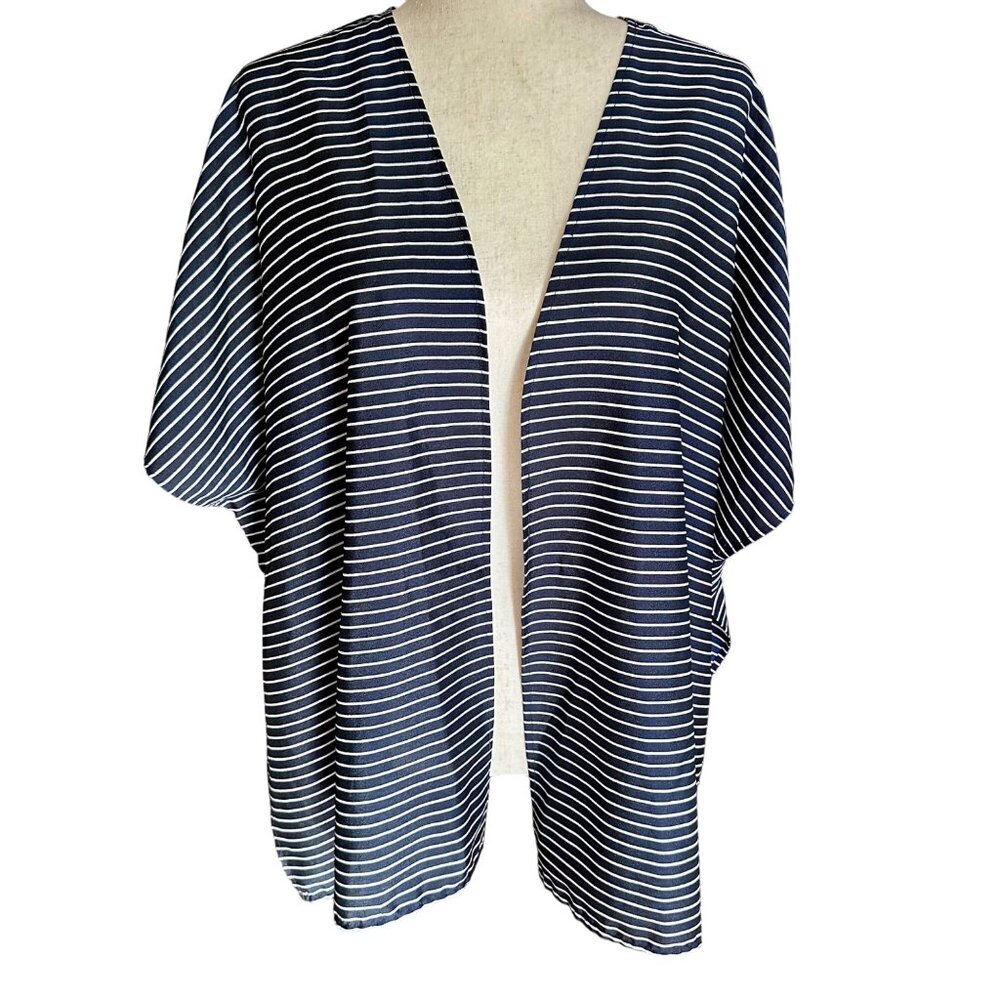 The Limited Cardigan Women M/L Navy Blue White Stripe Open Front Short Sleeve
